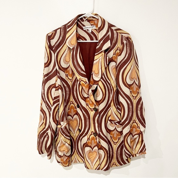 Free People On The Way Out Printed Retro Brown Heart Suit Jacket Only Size 6 - Picture 2 of 8